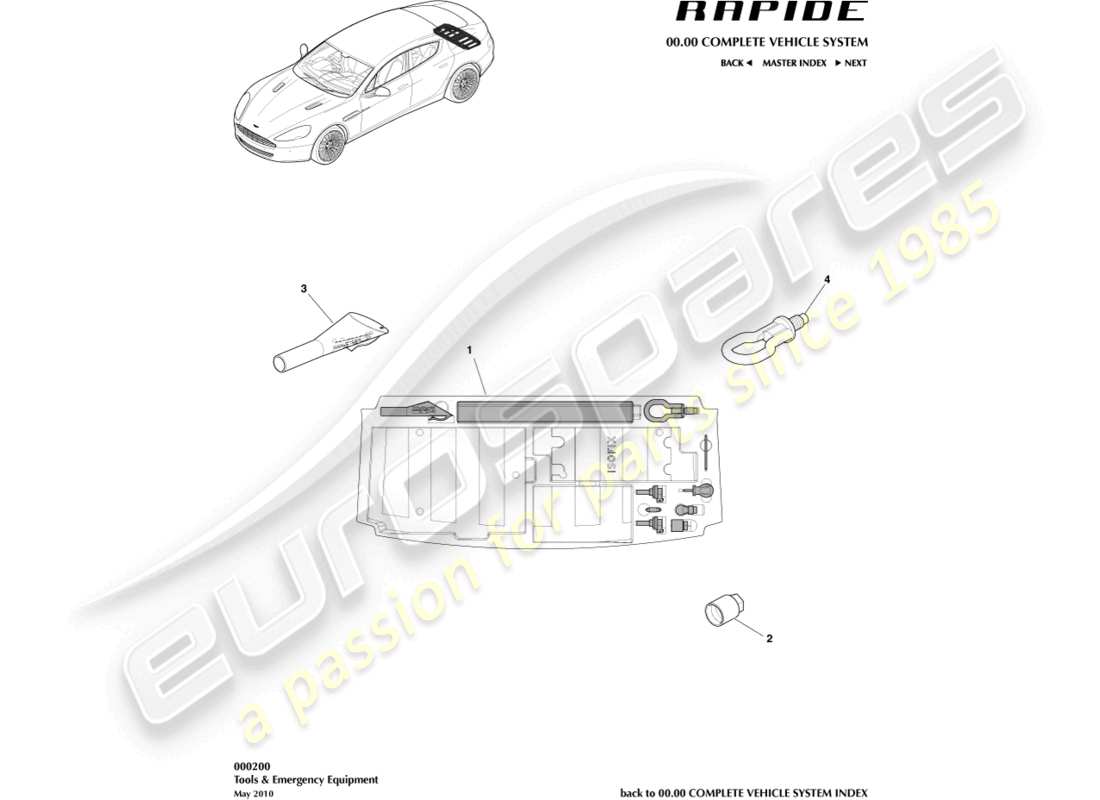 aston martin rapide (2017) teilediagramm für werkzeuge und notfallausrüstung