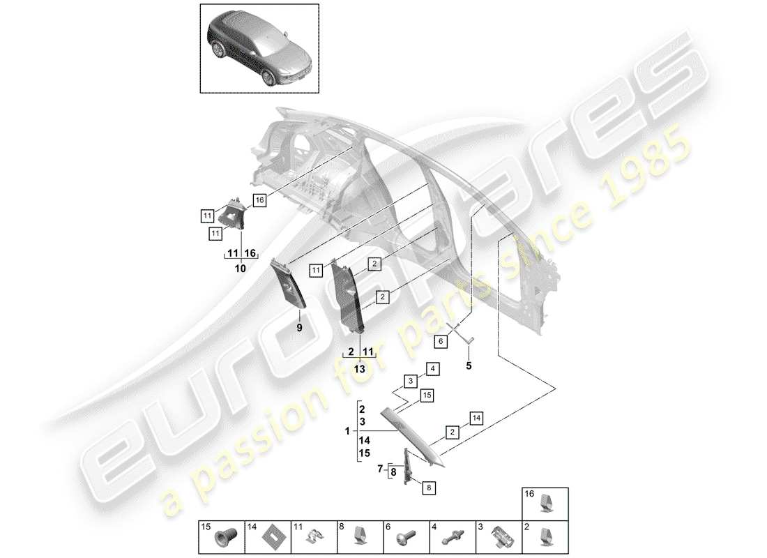 porsche 2018 (cayenne e3 9ya/9yb) säulenverkleidung ersatzteildiagramm