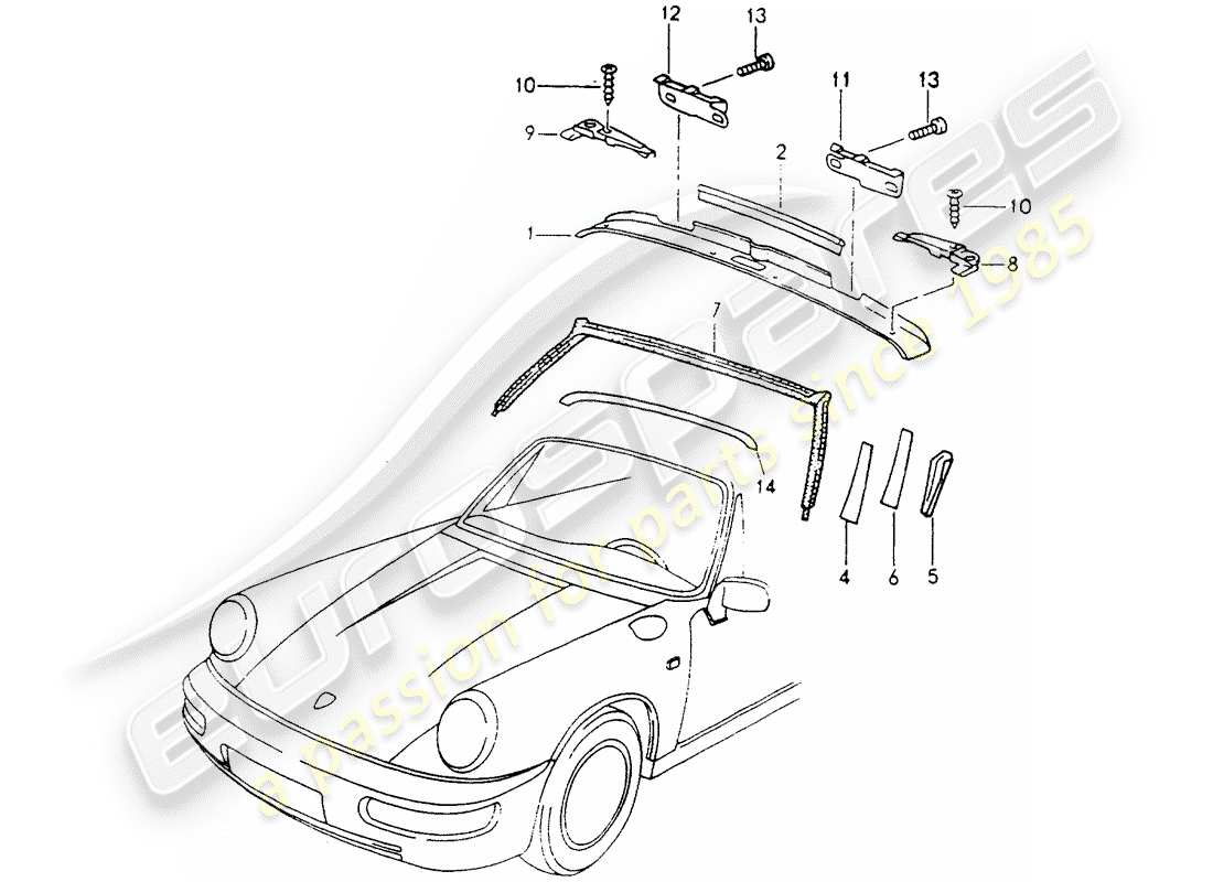 porsche 1993 (964) windschutzscheibenrahmen - zubehör ersatzteildiagramm