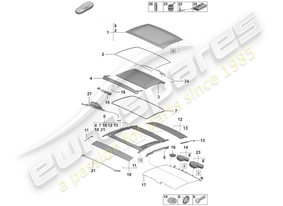 porsche 2019 (992-1) glas-schiebedach-ersatzteildiagramm
