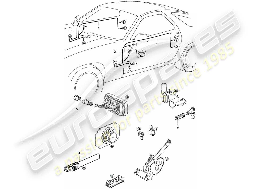 porsche 1985 (928) kabelbaum - tür ersatzteildiagramm