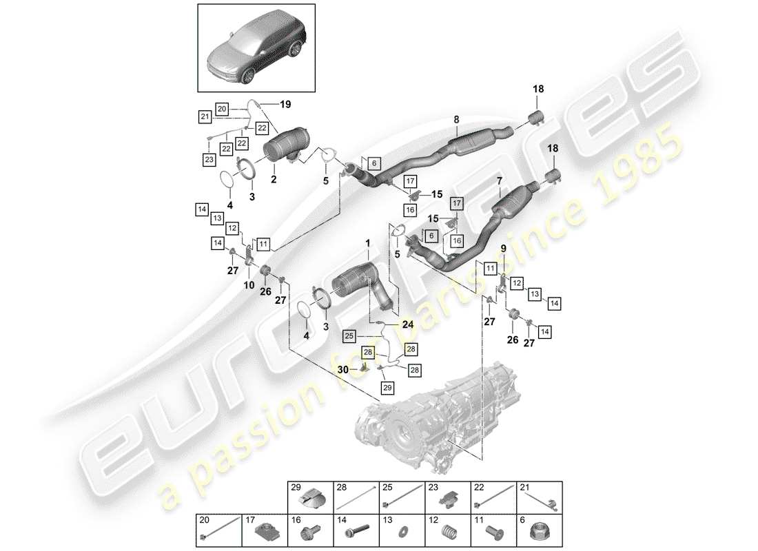 porsche 2018 (cayenne e3 9ya/9yb) auspuffanlage teilediagramm