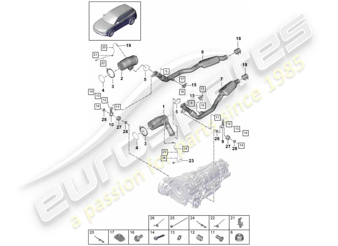 porsche 2018 (cayenne e3 9ya/9yb) auspuffanlage teilediagramm