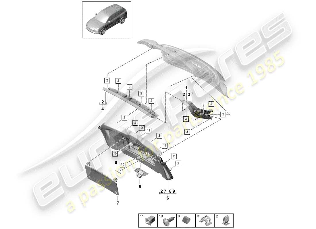 porsche 2018 (cayenne e3 9ya/9yb) lining ersatzteildiagramm