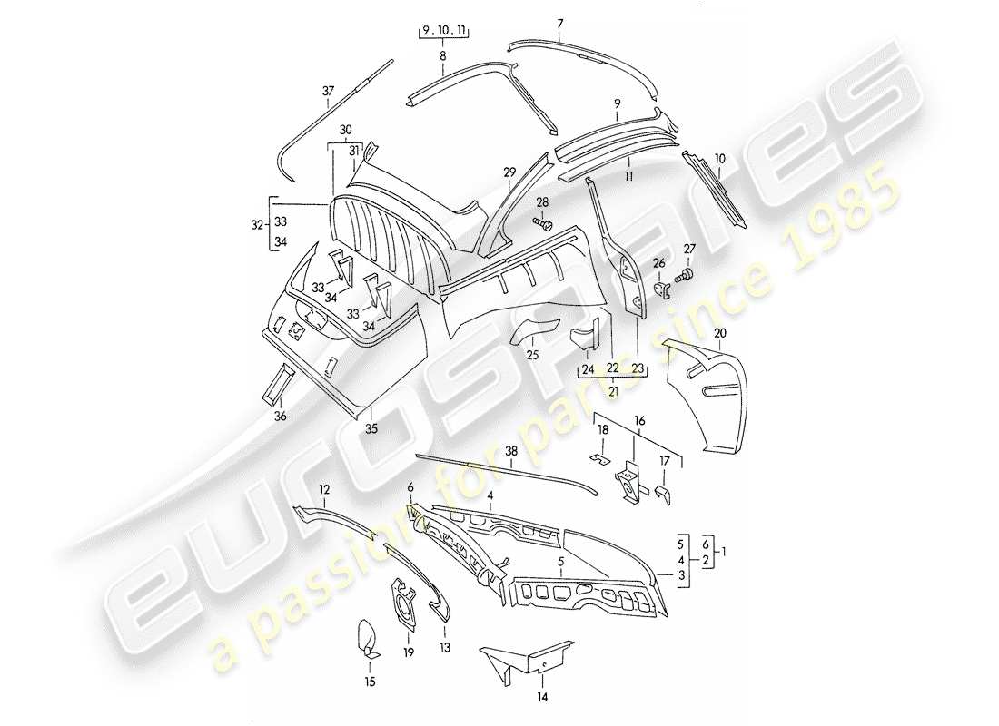 porsche 1959 (356/356a) karosserie - innenverkleidung teilediagramm
