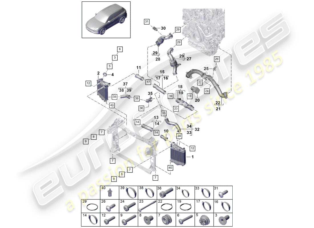porsche 2018 (cayenne e3 9ya/9yb) ladeluftkühler - teilediagramm