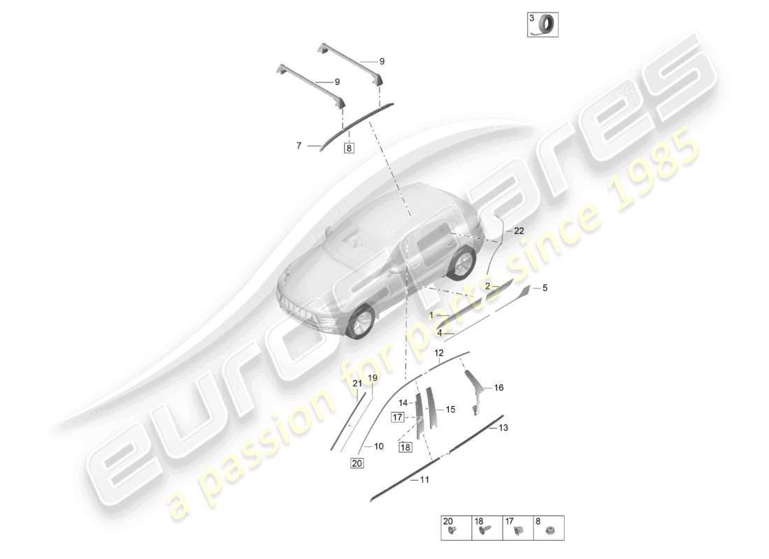 porsche 2020 (macan) äußere zierleisten teilediagramm