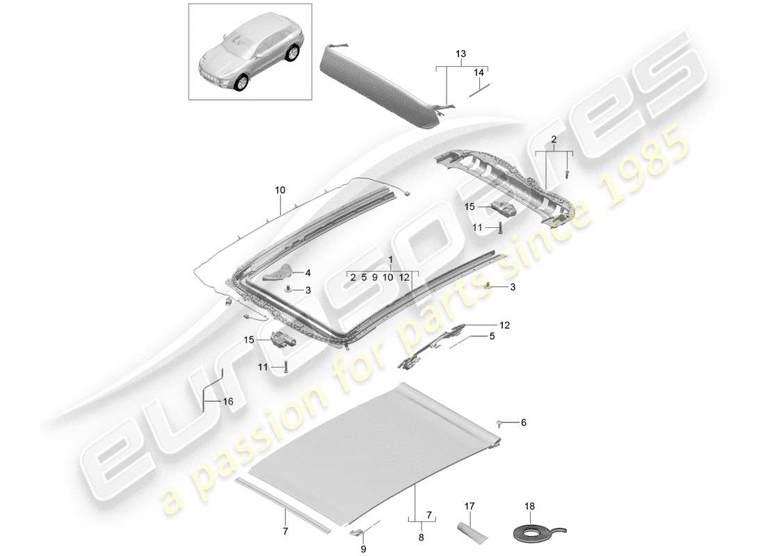 porsche 2017 (macan) glasdach - ersatzteildiagramm