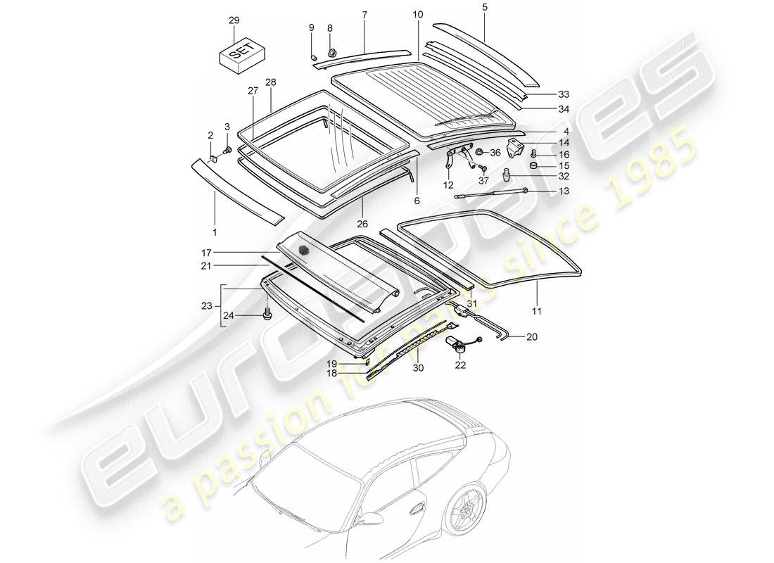 porsche 2010 (997-2) glasdach - ersatzteildiagramm