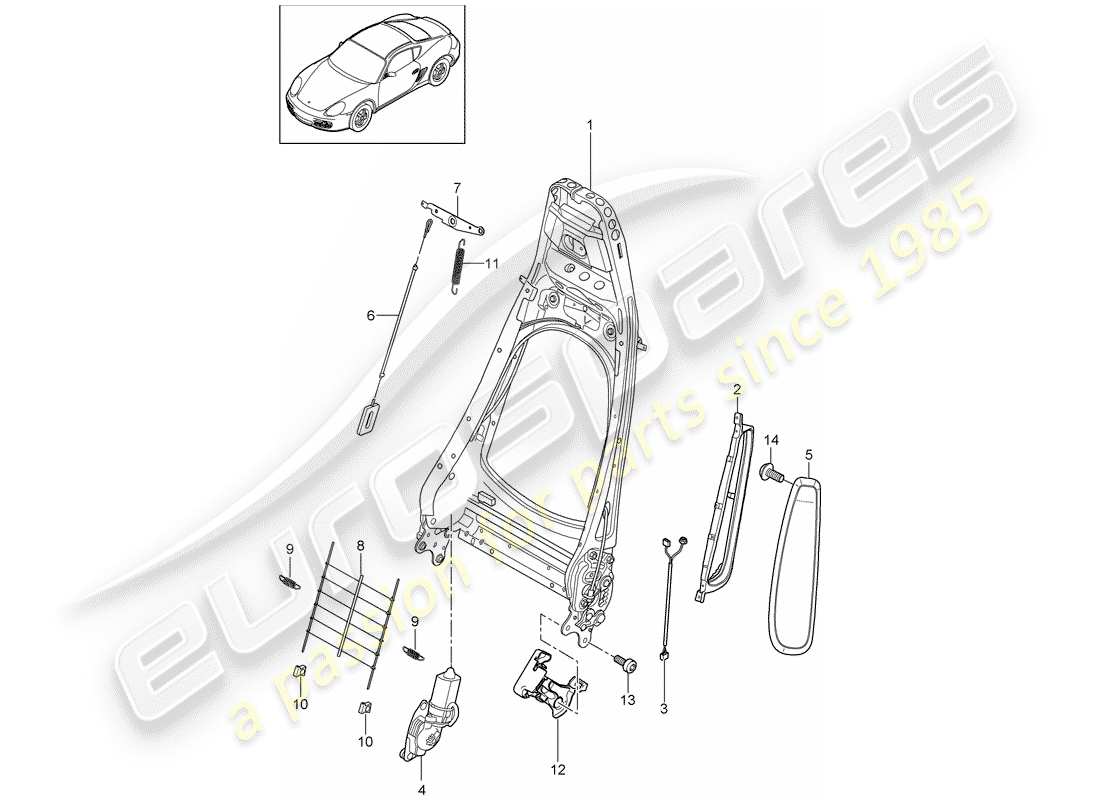 porsche 2009 (987 cayman) rückenlehnenrahmen ersatzteildiagramm