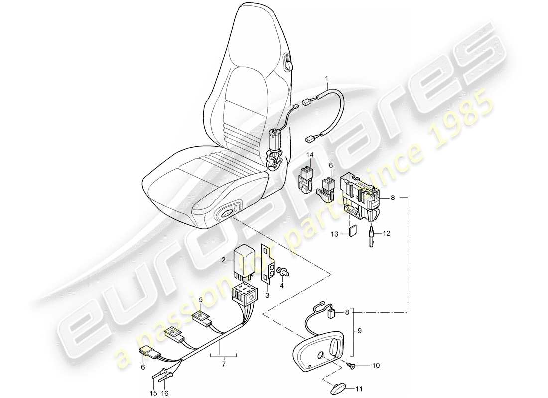 porsche 2000 (996) kabelbäume - schalter - standardsitz - sportsitz ersatzteildiagramm