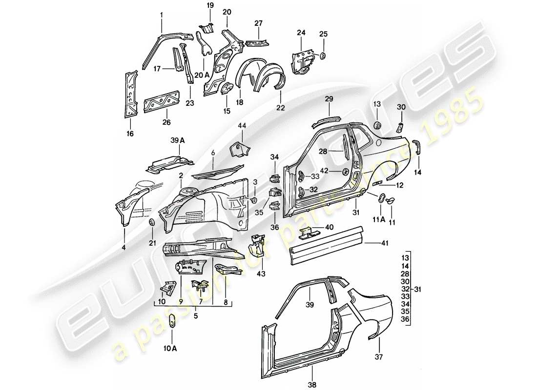 porsche 1977 (924) seitenwand teilediagramm