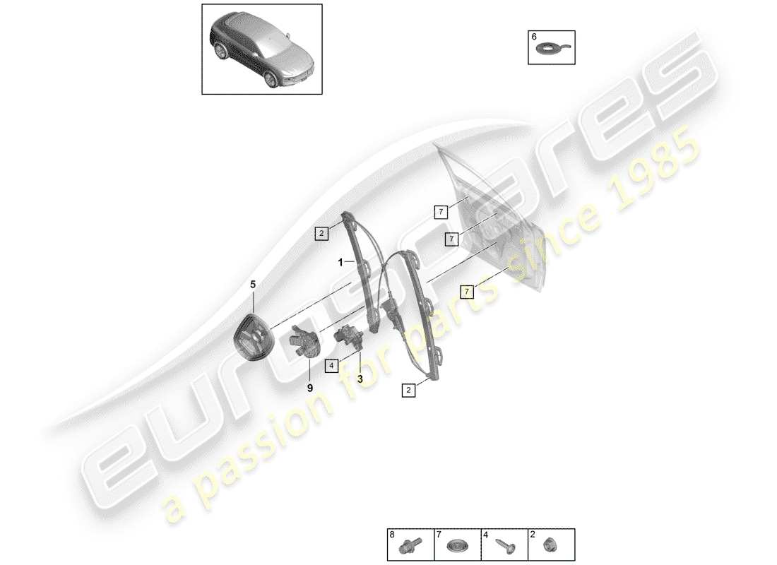 porsche 2018 (cayenne e3 9ya/9yb) fensterheber teilediagramm