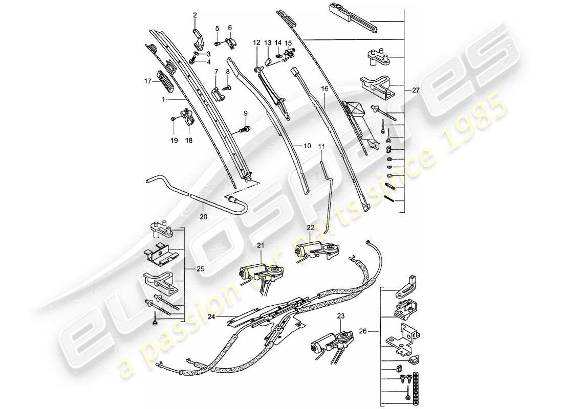 porsche 1996 (993) antriebsmechanismus - glasdach ersatzteildiagramm