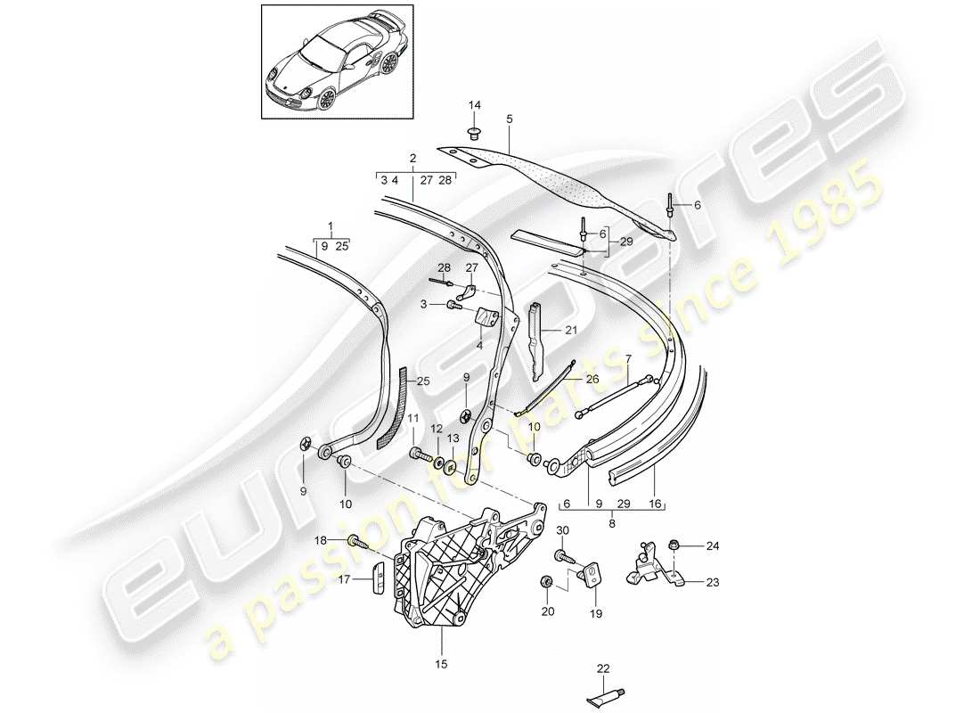 porsche 2007 (997-1 turbo / gt2) top frame ersatzteildiagramm