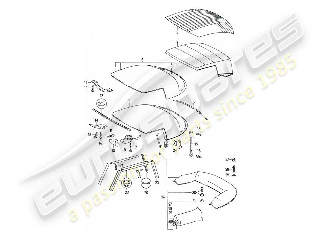 porsche 1963 (356b/356c) cabrio-verdeck - und - cabrio-verdeckabdeckung ersatzteildiagramm