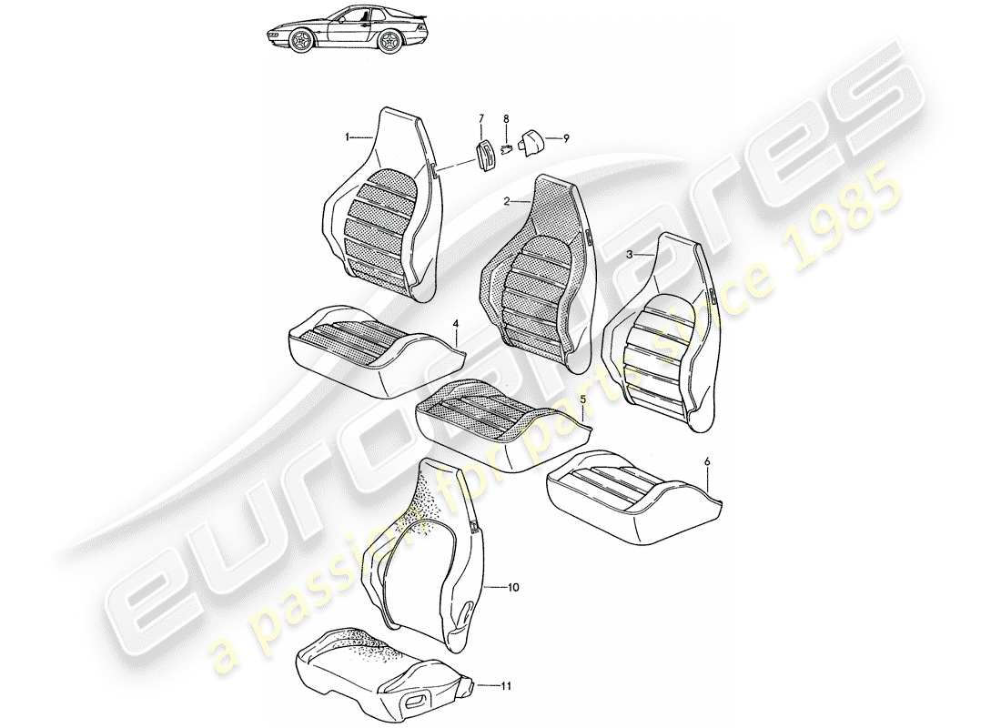 eine teilezeichnung aus dem porsche 1985 (seats for 944/968/911/928) teilekatalog