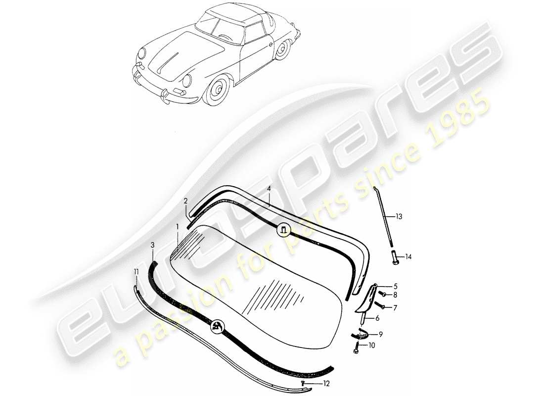 porsche 1957 (356/356a) windschutzscheibenglas ersatzteildiagramm
