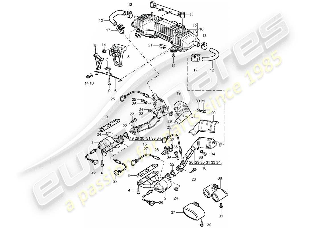 porsche 2000 (986 boxster) auspuffanlage - m 96.21/22 - m 96.23/24 teilediagramm