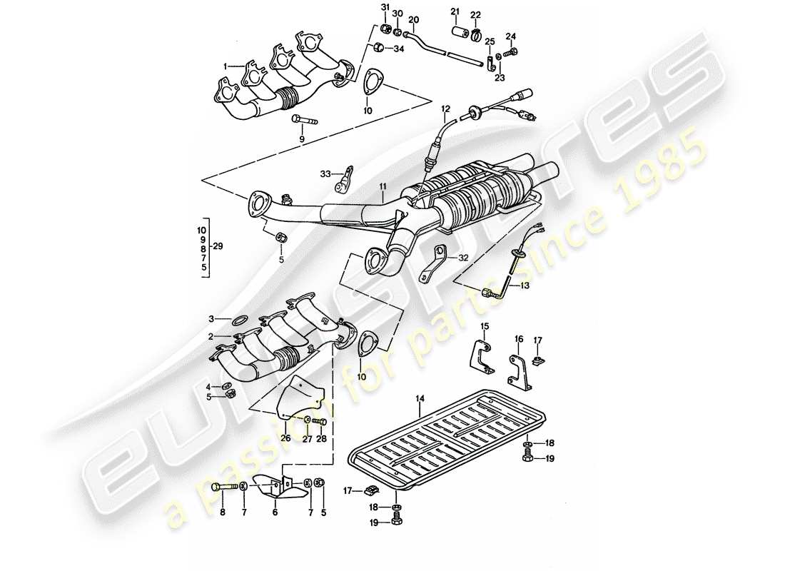 porsche 1993 (928) auspuffanlage - katalysator teilediagramm