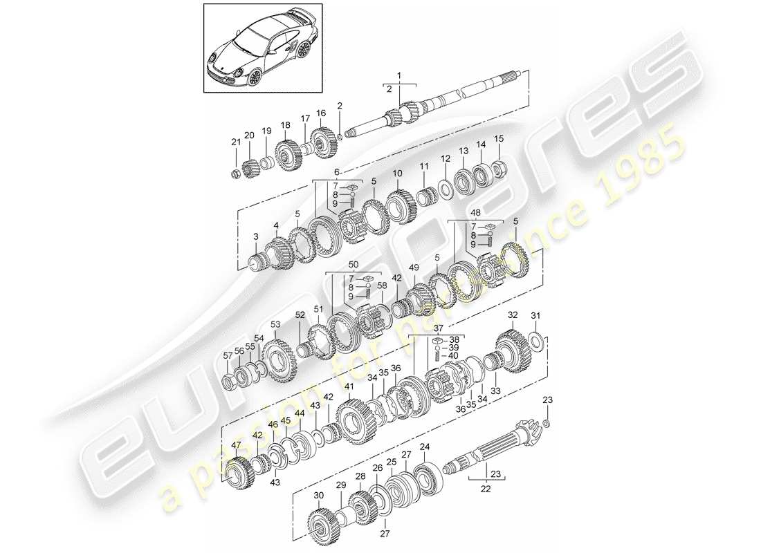 porsche 2013 (997-2 turbo / gt2 rs) zahnräder und wellen ersatzteildiagramm