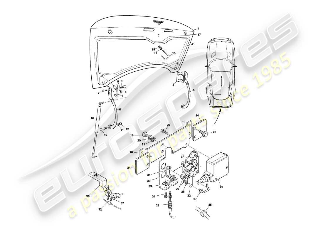 aston martin v8 coupe (1999) kofferraumdeckel, vin v79080 & v79074 im ersatzteildiagramm