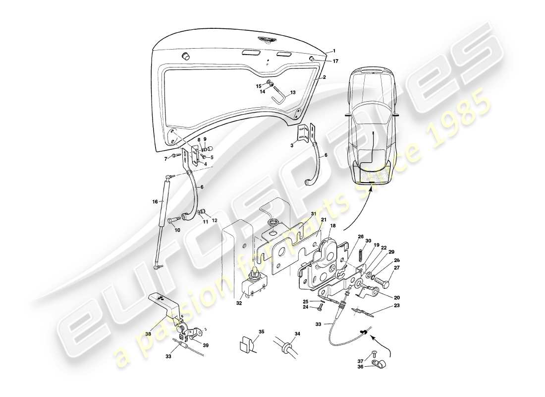 aston martin v8 coupe (2000) kofferraumdeckel, bis vin v79079 exkl. v79074 ersatzteildiagramm