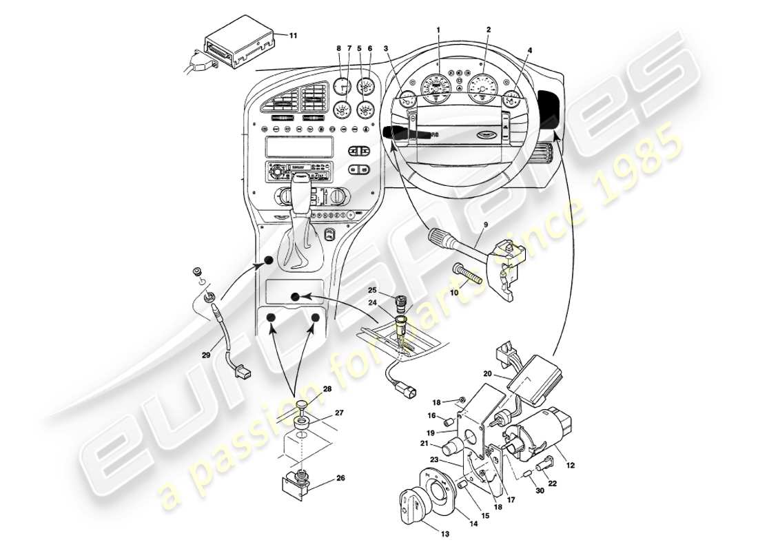 aston martin v8 volante (2000) teilediagramm für instrumente und bedienelemente