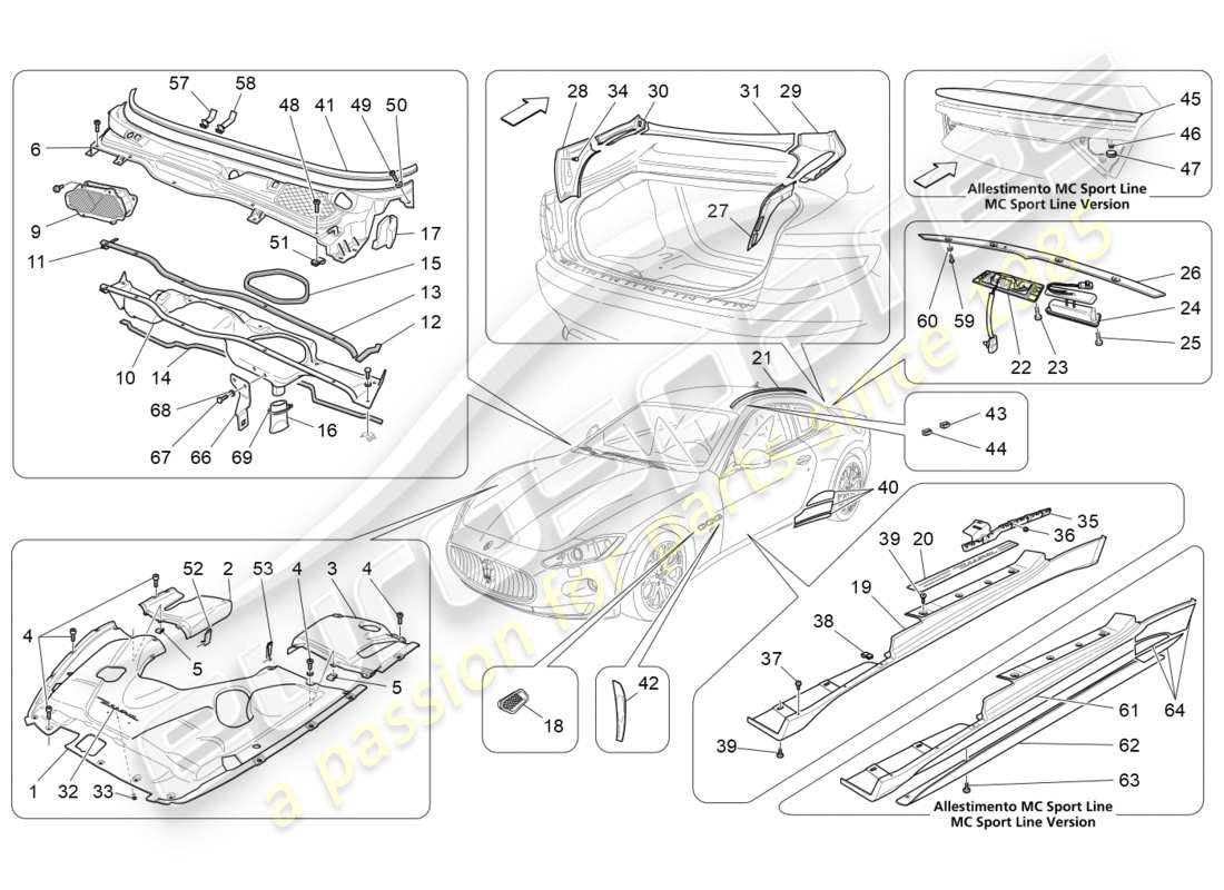 maserati granturismo (2015) schilde, verkleidungen und abdeckplatten ersatzteildiagramm