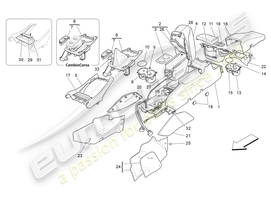 maserati granturismo (2015) zubehörkonsole und mittelkonsole teilediagramm