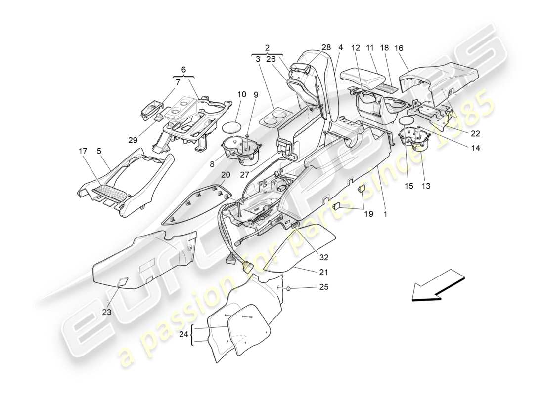 maserati granturismo s (2016) zubehörkonsole und mittelkonsole teilediagramm