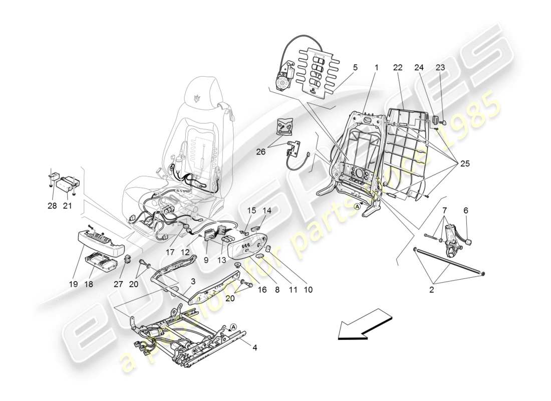 maserati granturismo (2008) vordersitze: mechanik und elektronik teilediagramm