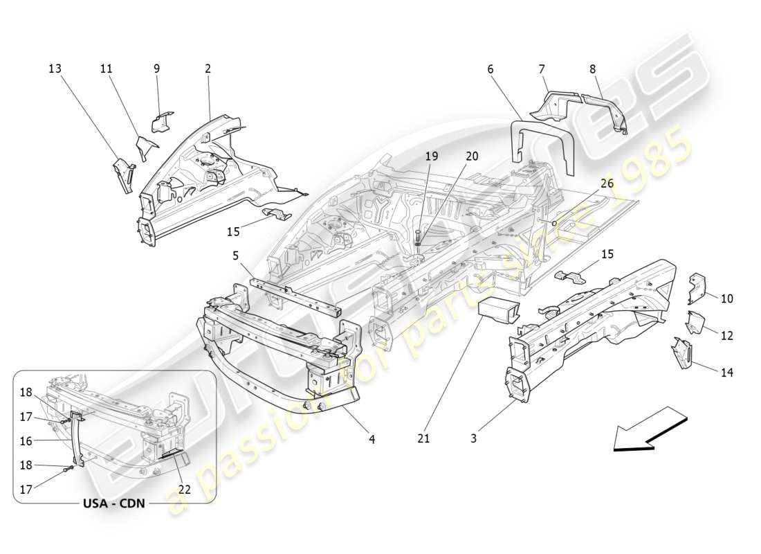 maserati granturismo s (2016) vordere strukturrahmen und blechplatten teilediagramm