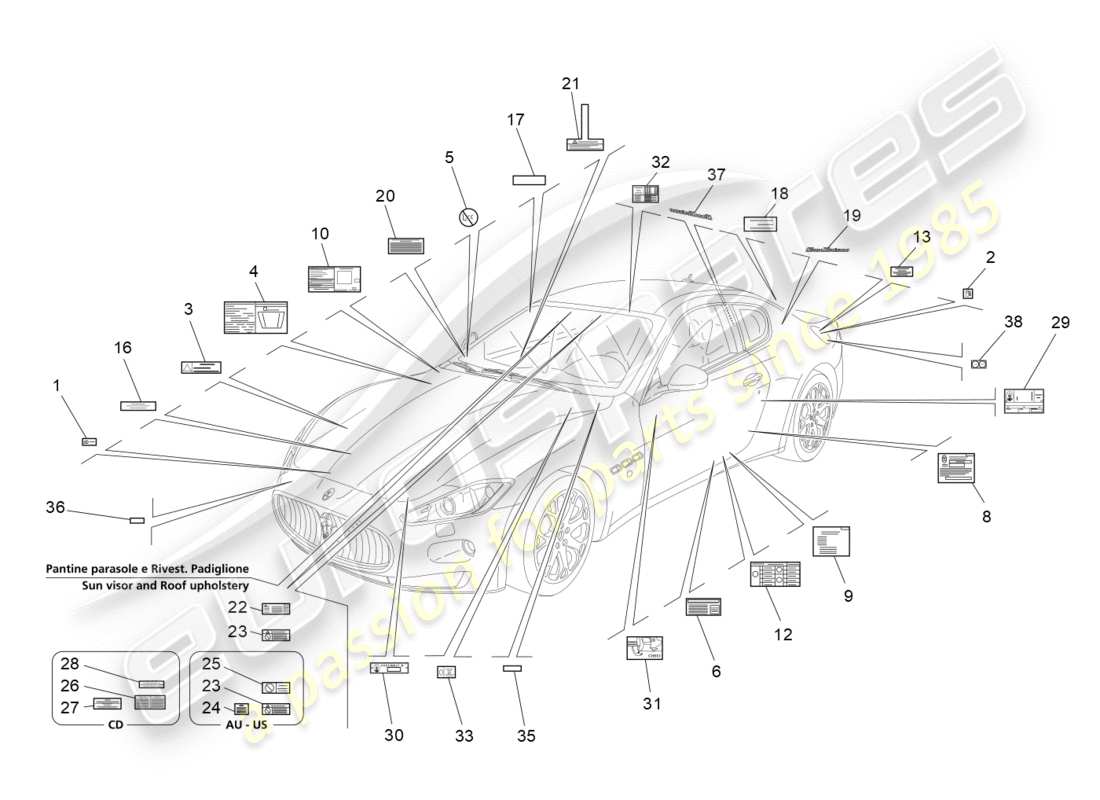 maserati granturismo (2013) aufkleber und etiketten ersatzteildiagramm