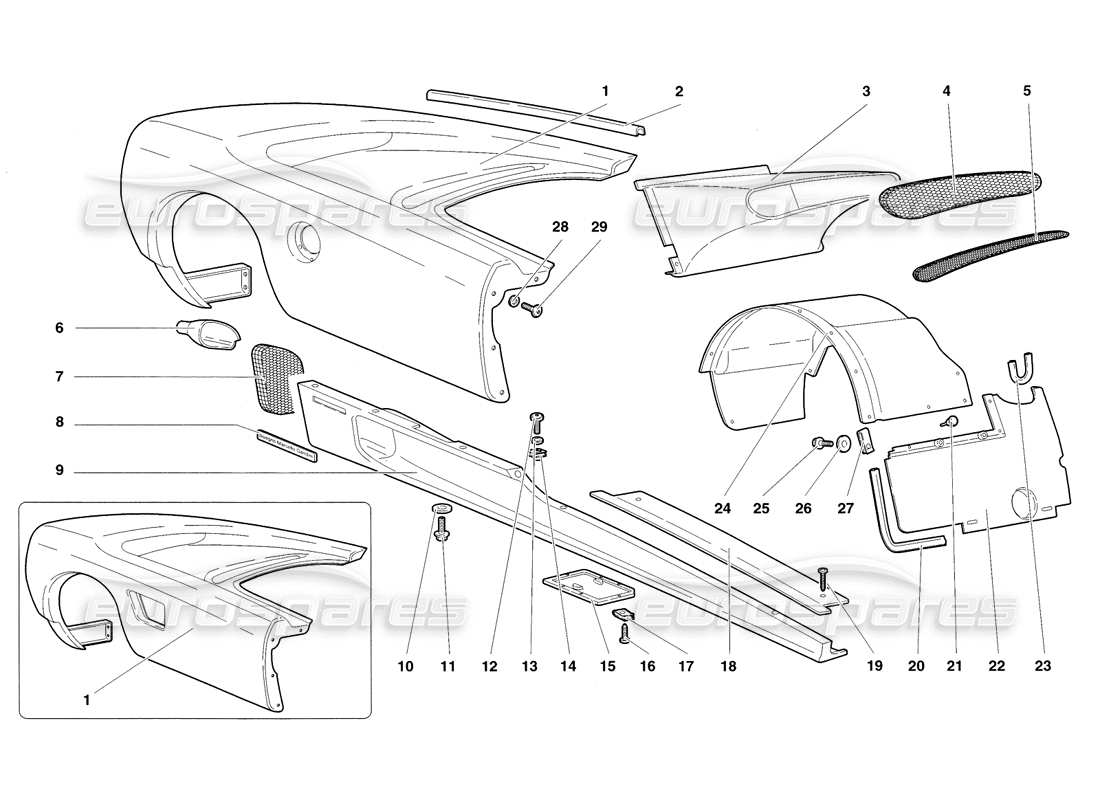 lamborghini diablo sv (1998) körperelemente - teilediagramm der rechten flanke