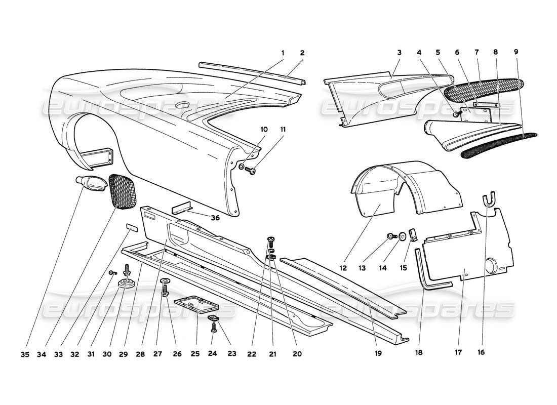 lamborghini diablo 6.0 (2001) körperelemente – rechte seite teilediagramm