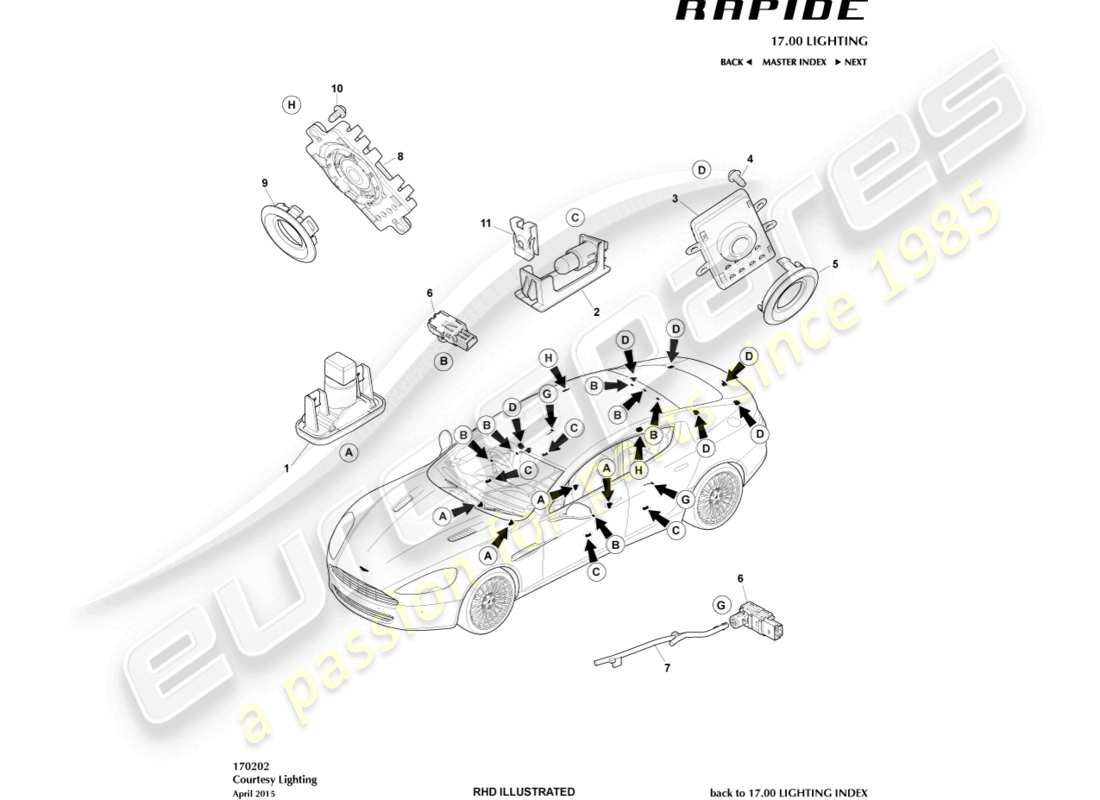 aston martin rapide (2013) teilediagramm für innenbeleuchtung