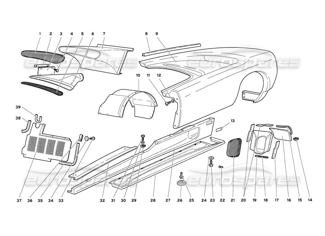 lamborghini diablo 6.0 (2001) karosserieelemente - teilediagramm der linken seite