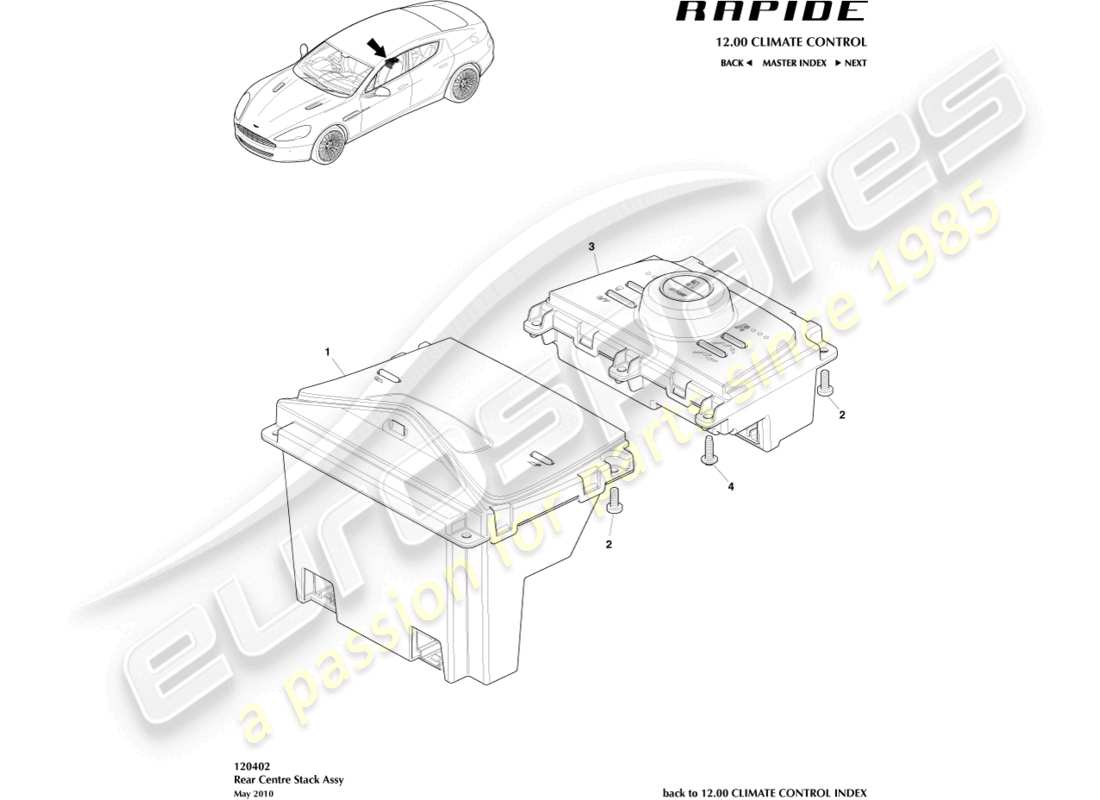 aston martin rapide (2011) teilediagramm für hintere hvac-steuerungen