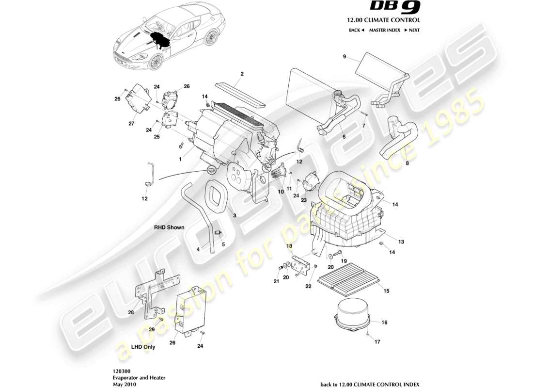 aston martin db9 (2005) teilediagramm für verdampfer und heizung