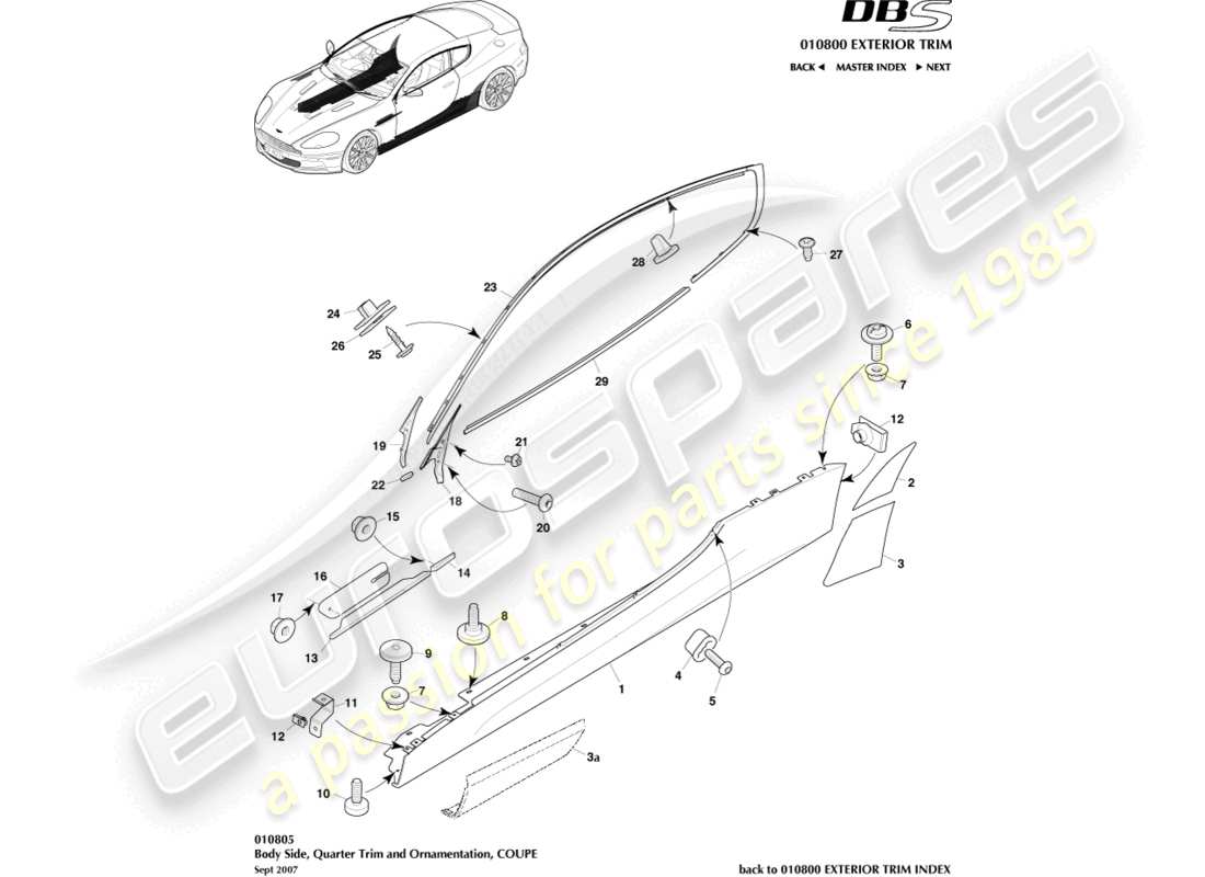 aston martin dbs (2009) seiten- und seitenverkleidung, coupé-teilediagramm