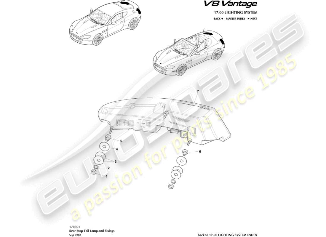 aston martin v8 vantage (2006) teilediagramm für rückleuchten