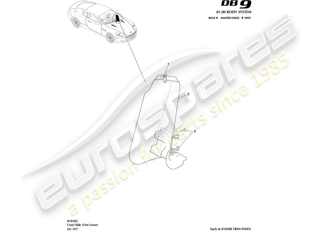 aston martin db9 (2005) seitenverkleidung der motorhaube, unteres teildiagramm