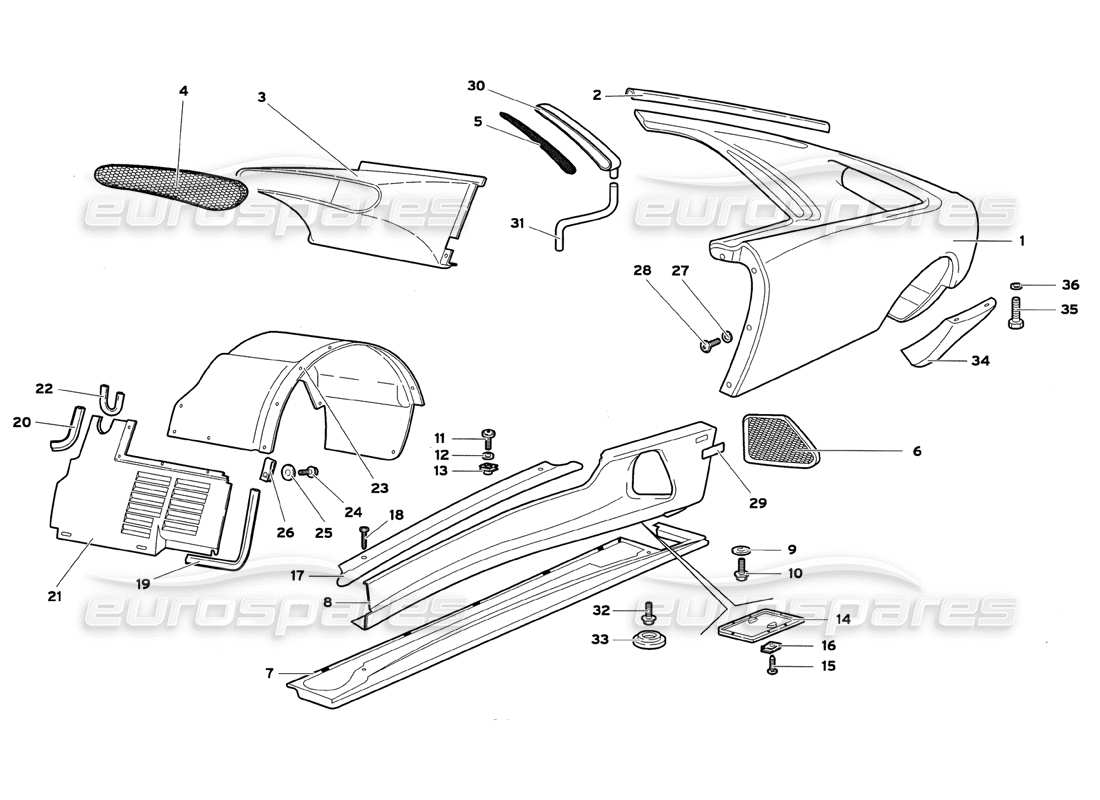 lamborghini diablo gt (1999) karosserieelemente - teilediagramm der linken flanke