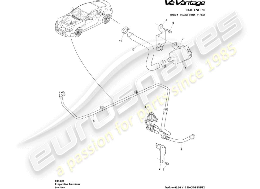 aston martin v12 vantage (2012) teilediagramm für verdunstungsemissionen
