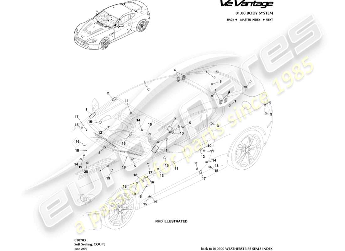 aston martin v12 vantage (2010) weiche dichtung, coupé-teilediagramm