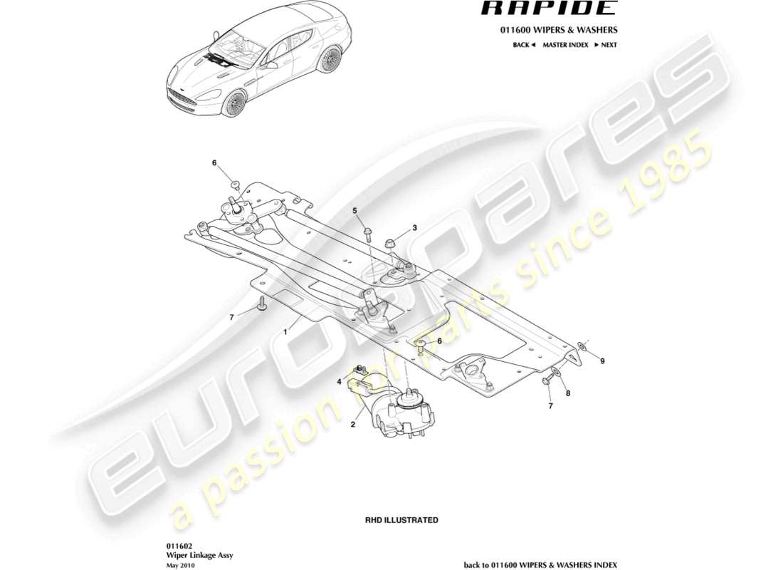 aston martin rapide (2012) teilediagramm für wischergestänge