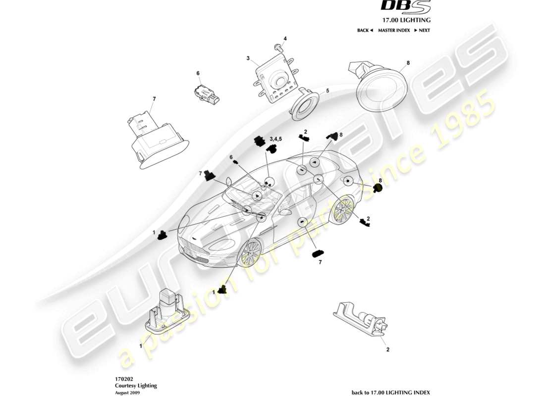 aston martin dbs (2013) teilediagramm für innenbeleuchtung