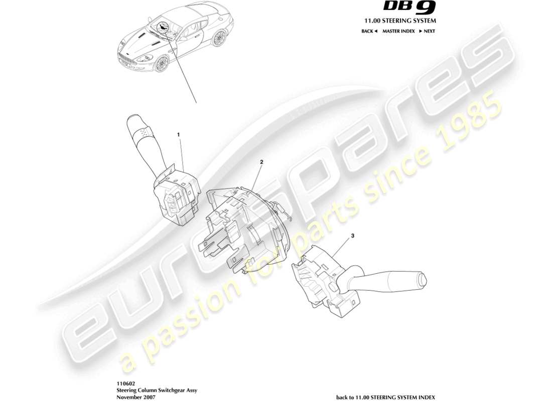 aston martin db9 (2006) lenkstockschalter ersatzteildiagramm