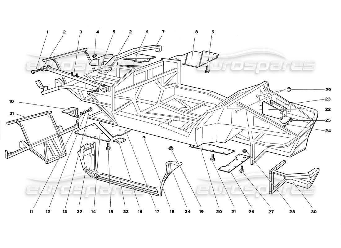 lamborghini diablo gt (1999) rahmenelemente - teilediagramm